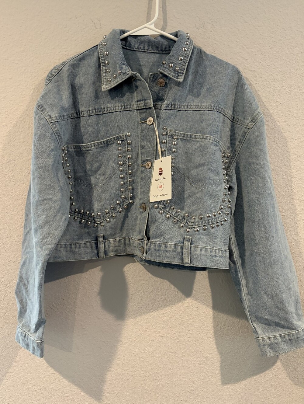 NEW Womens Blue Denim Silver Studded Oversized Boxy Crop Button Up Jacket Med